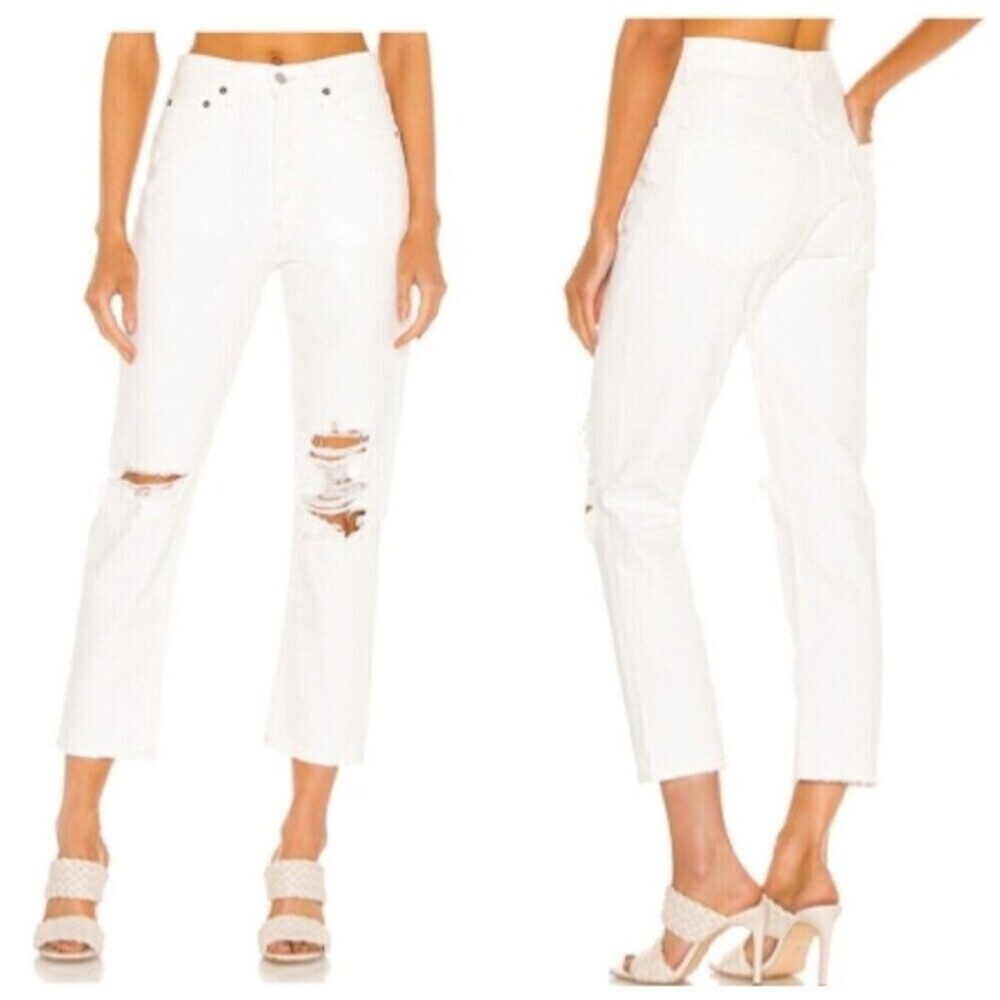 Agolde Riley High‎ Rise Straight Crop Jeans Veil White Distressed Womens Size 24